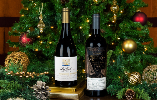 Dry Creek Vineyard Connoisseur Selection gift set in front of a Christmas tree.
