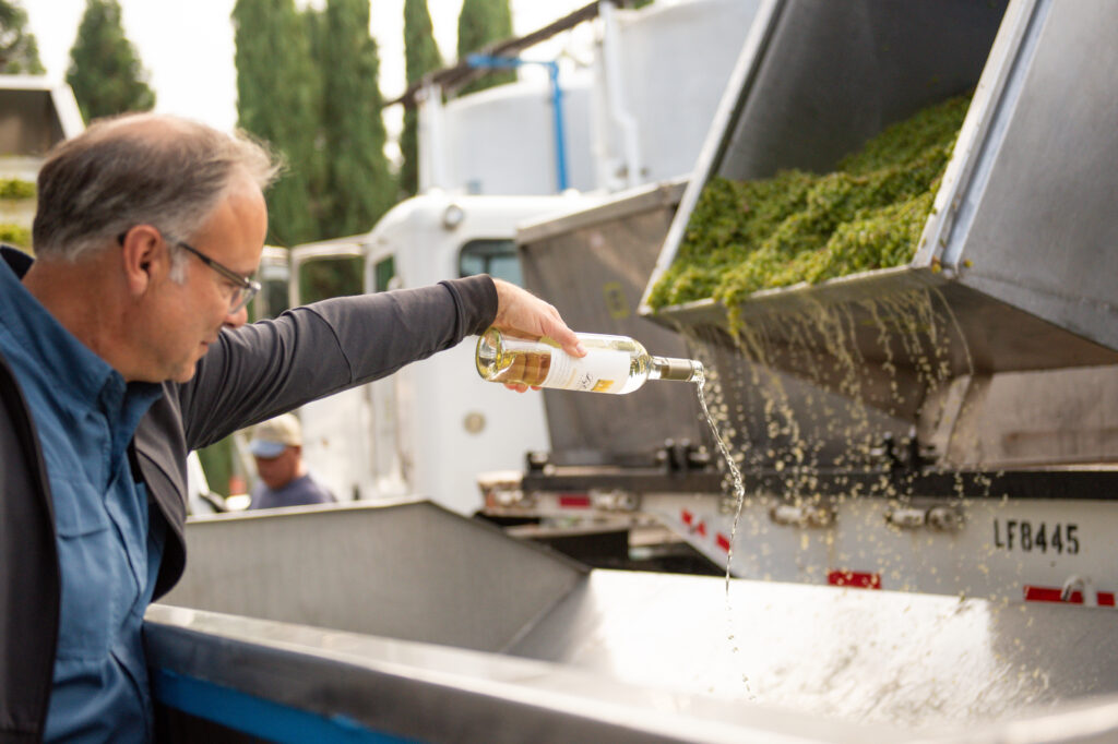 Winemaker Tim pouring Sauvignon Blanc into the grapes during our toast